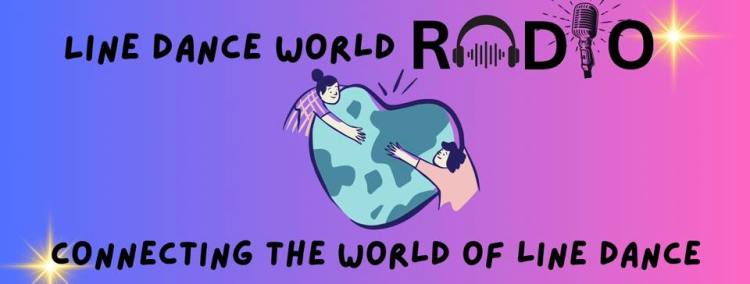 two people hugging a heart shaped earth with Line Dance World Radio - connecting the world of line dance in text - the A in radio is a pair of headphones, while the I is a microphone