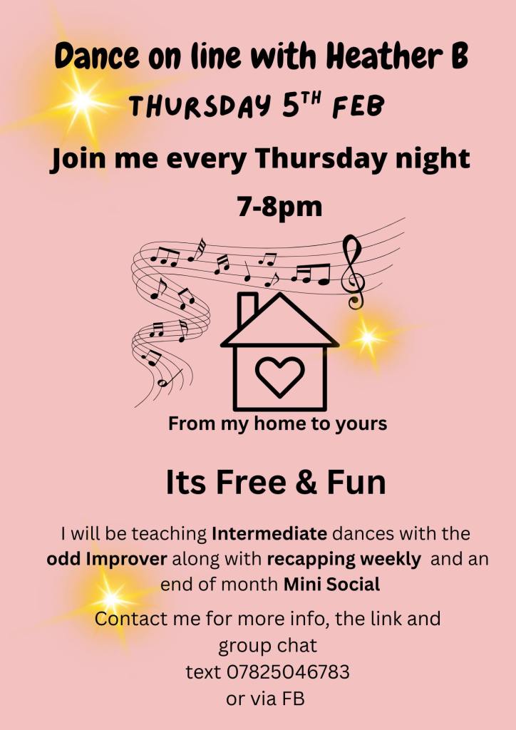 Promotional poster for an online weekly intermediate level line dance class with Heather B, from Thursday 5th February from 7-8pm. The class focuses on intermediate dances and includes a recap and end-of-month mini social. Contact details are provided for more information.